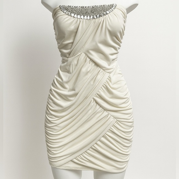 Strapless rouched cream going out cream White embellished Dress size small Y2K - Picture 2 of 8